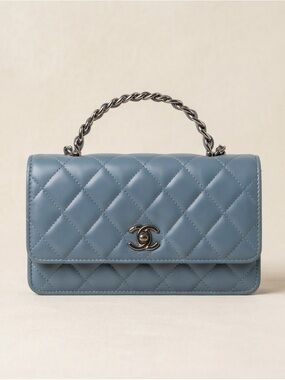 CHANEL Quilted Leather Shoulder Bag in Slate Blue with Silver Hardware